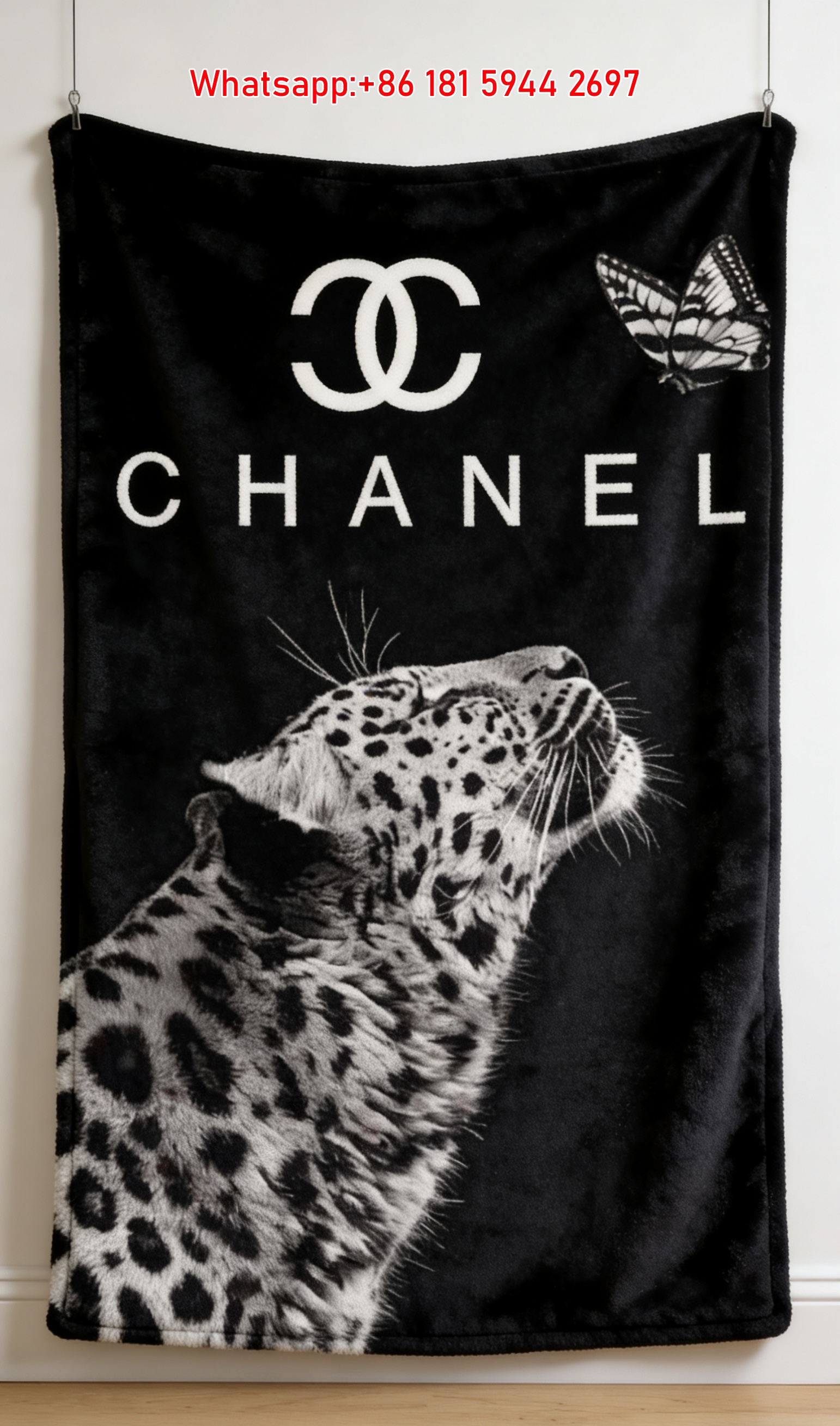 Chanel CC Logo Leopard & Butterfly Monochrome Flannel Throw Blanket IMG_7160